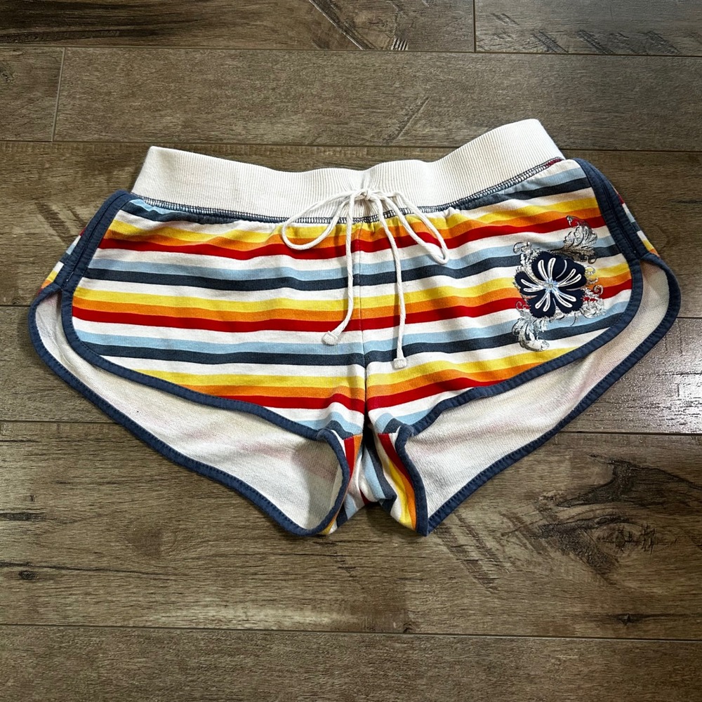 Y2K No Boundaries Striped Hibiscus Shorts Women's Medium Multicolor Floral